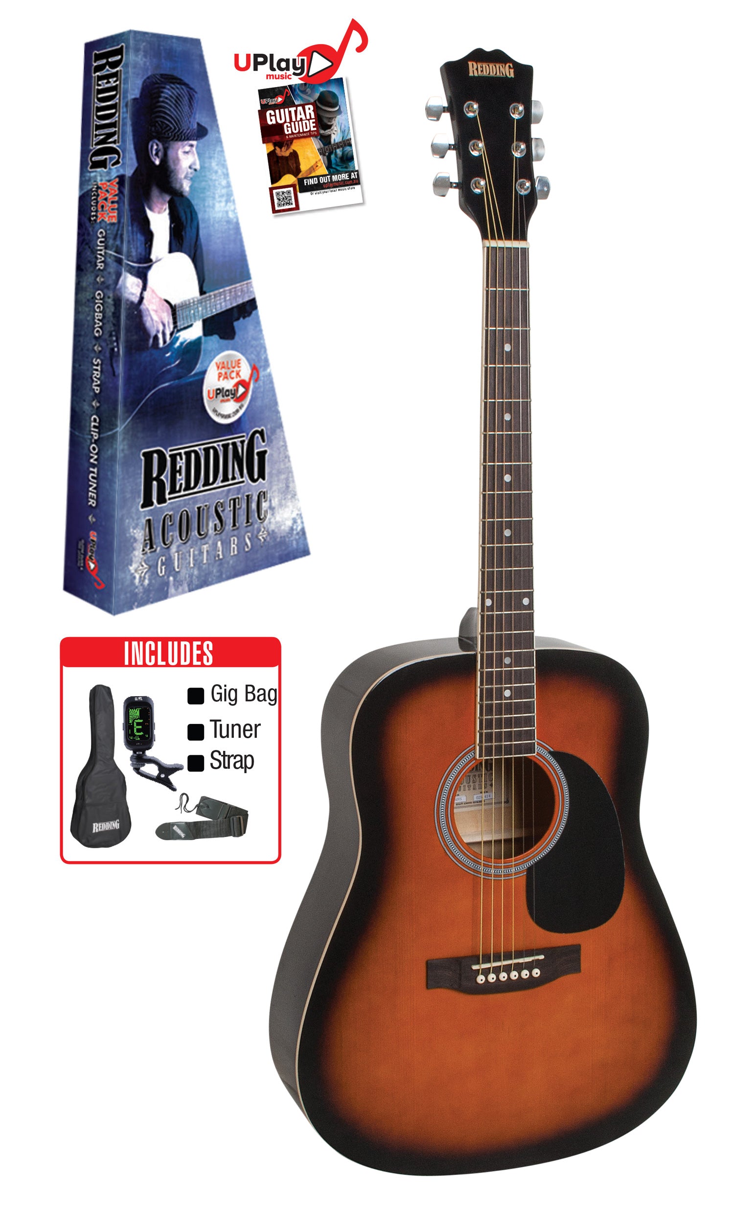 Redding | RED50PKVS | Dreadnought Guitar Package | Vintage Sunburst Redding | RED50PKVS | Dreadnought Guitar Package | Vintage Sunburst